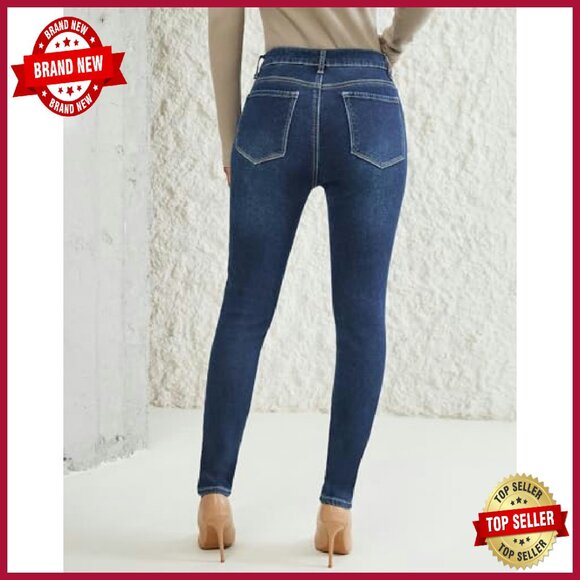 Fleece Lined Skinny Jeans High Waisted Winter Warm Denim Pants - Picture 4 of 8